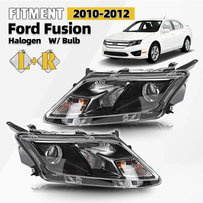 Set of 2 Halogen Headlights Assembly with Bulbs for Ford Fusion (2010–2012)