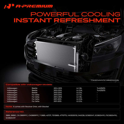 A/C Condenser with Receiver Drier & Bracket for VW Jetta Beetle (2011–2015) - 940238, 5C0820411, 5C0820411E, F5C0820411G, 5C0820411F, 3889
