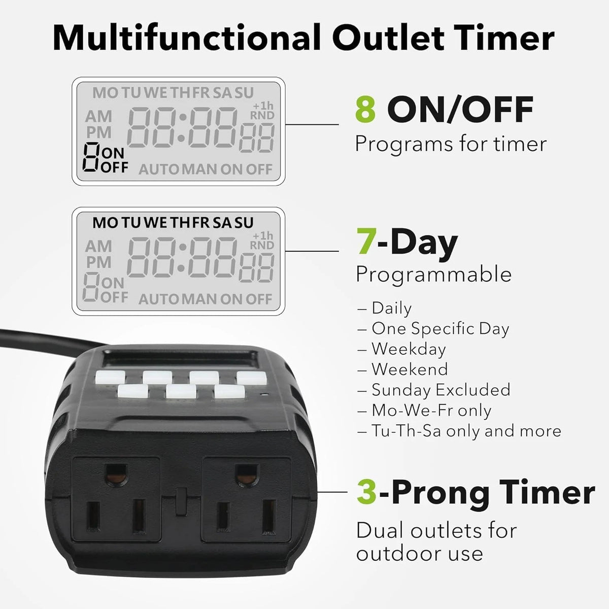 7 Day Outdoor Heavy Duty Digital Programmable Timer for Dual Outlet