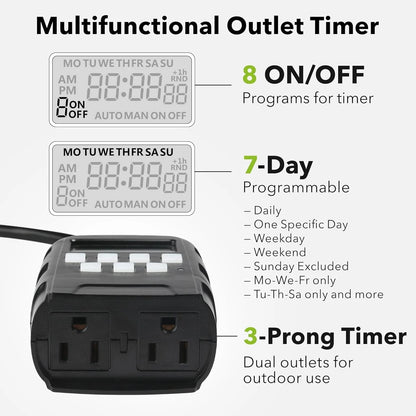 7 Day Outdoor Heavy Duty Digital Programmable Timer for Dual Outlet