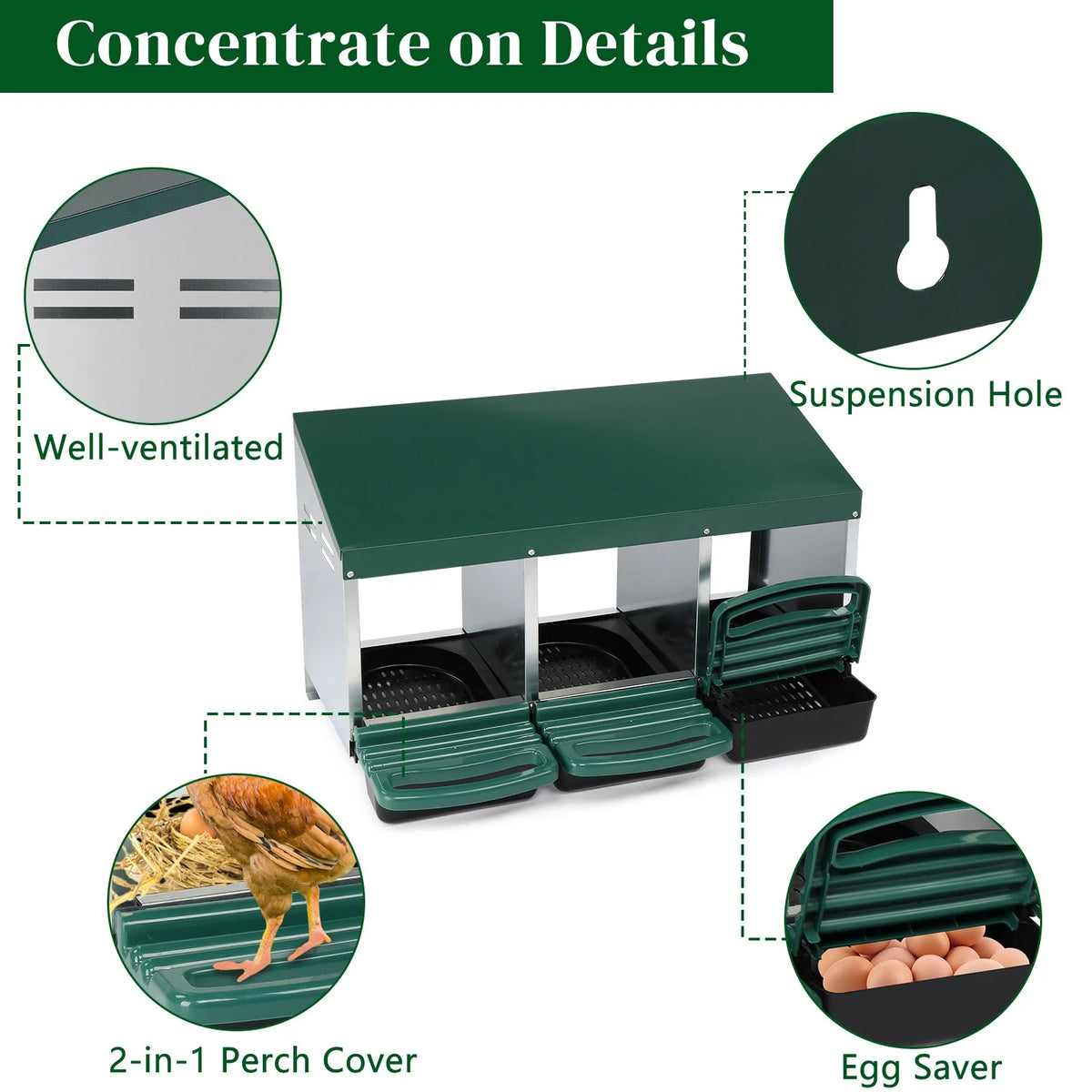 3 Hole Metal Chicken Nesting Box with Lid Cover for Chicken Coop