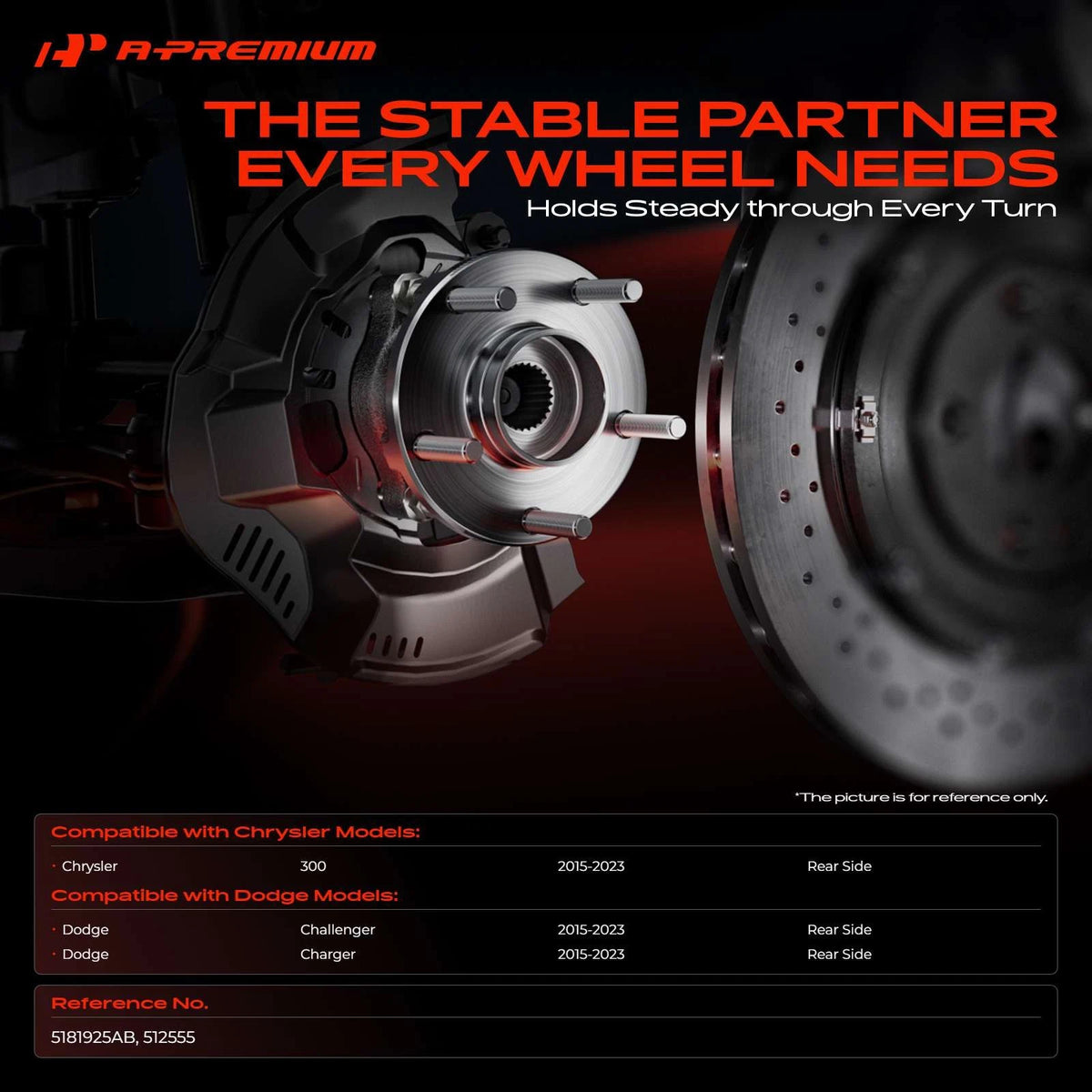 Rear Wheel Hub & Bearing Assembly for Dodge Charger Challenger (2015–2023) 5181925AB, 512555