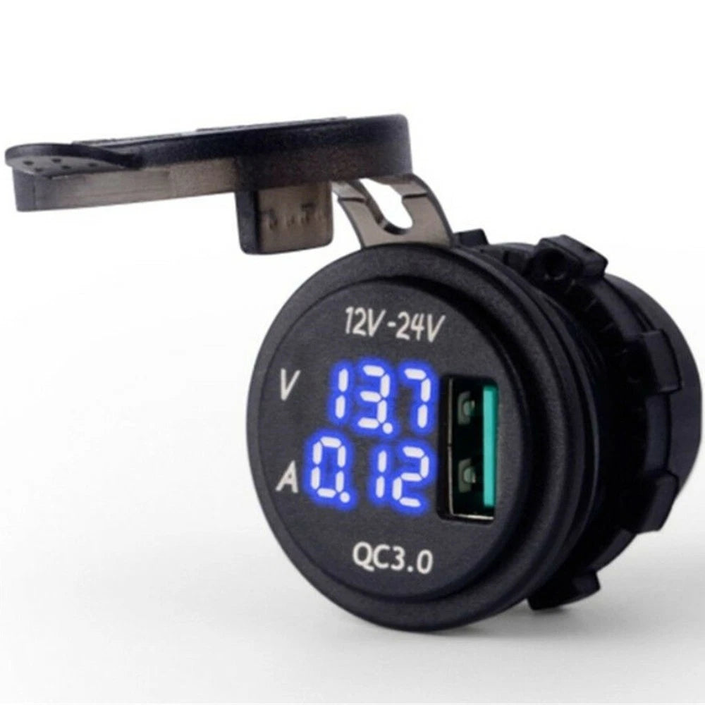 LED Motorcycle USB Socket Amp Meter Voltage Waterproof DC 12/24V