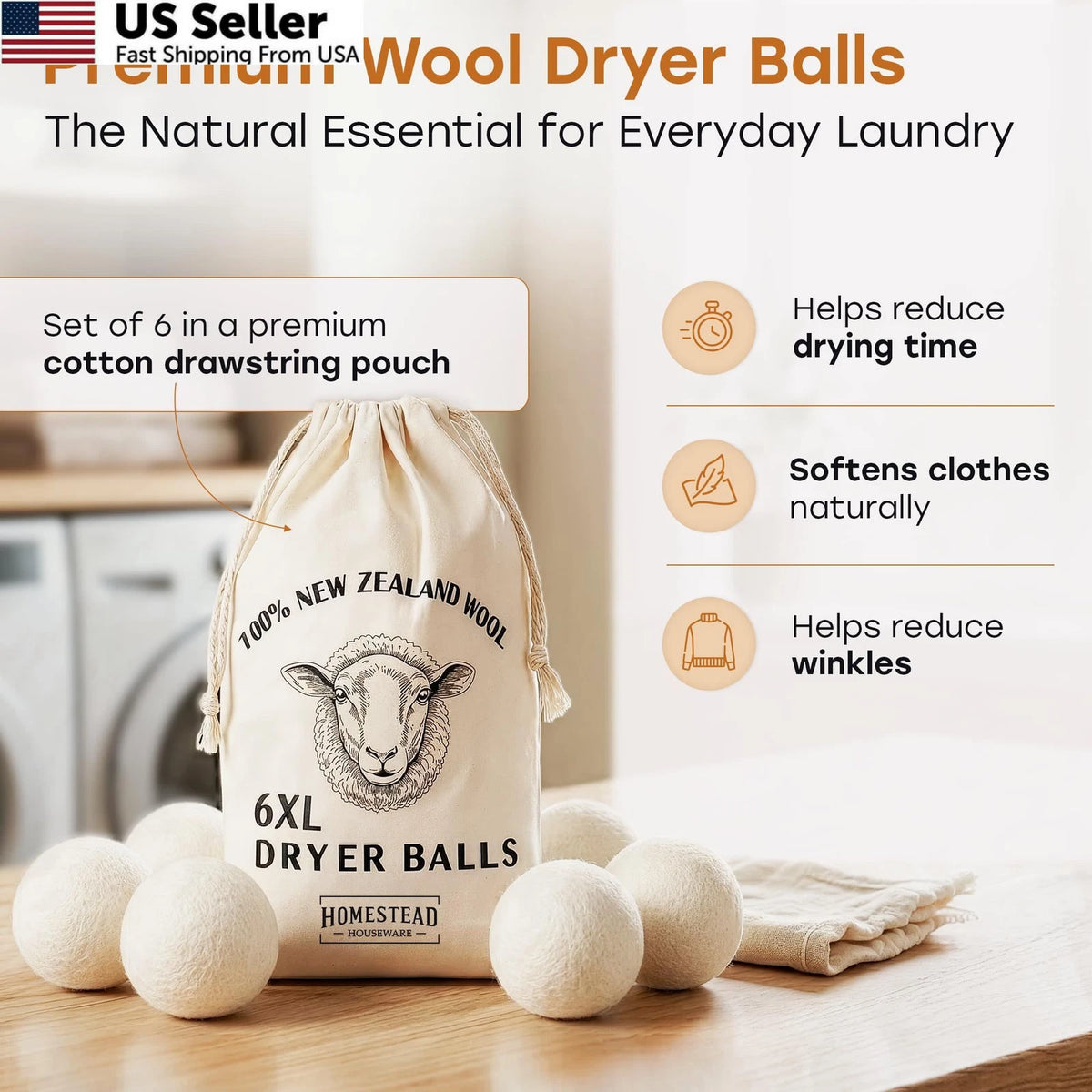 6X Wool Dryer Balls for Homestead Houseware (100% New Zealand Wool)