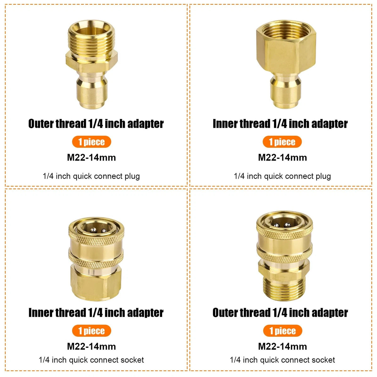 Set of 4 M22-14mm to 1/4in Pressure Washer Adapters for Power M