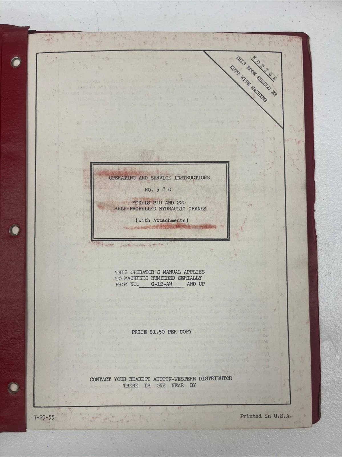 Hydraulic Crane Repair Parts Catalog for Austin Western 210 220 (1955)
