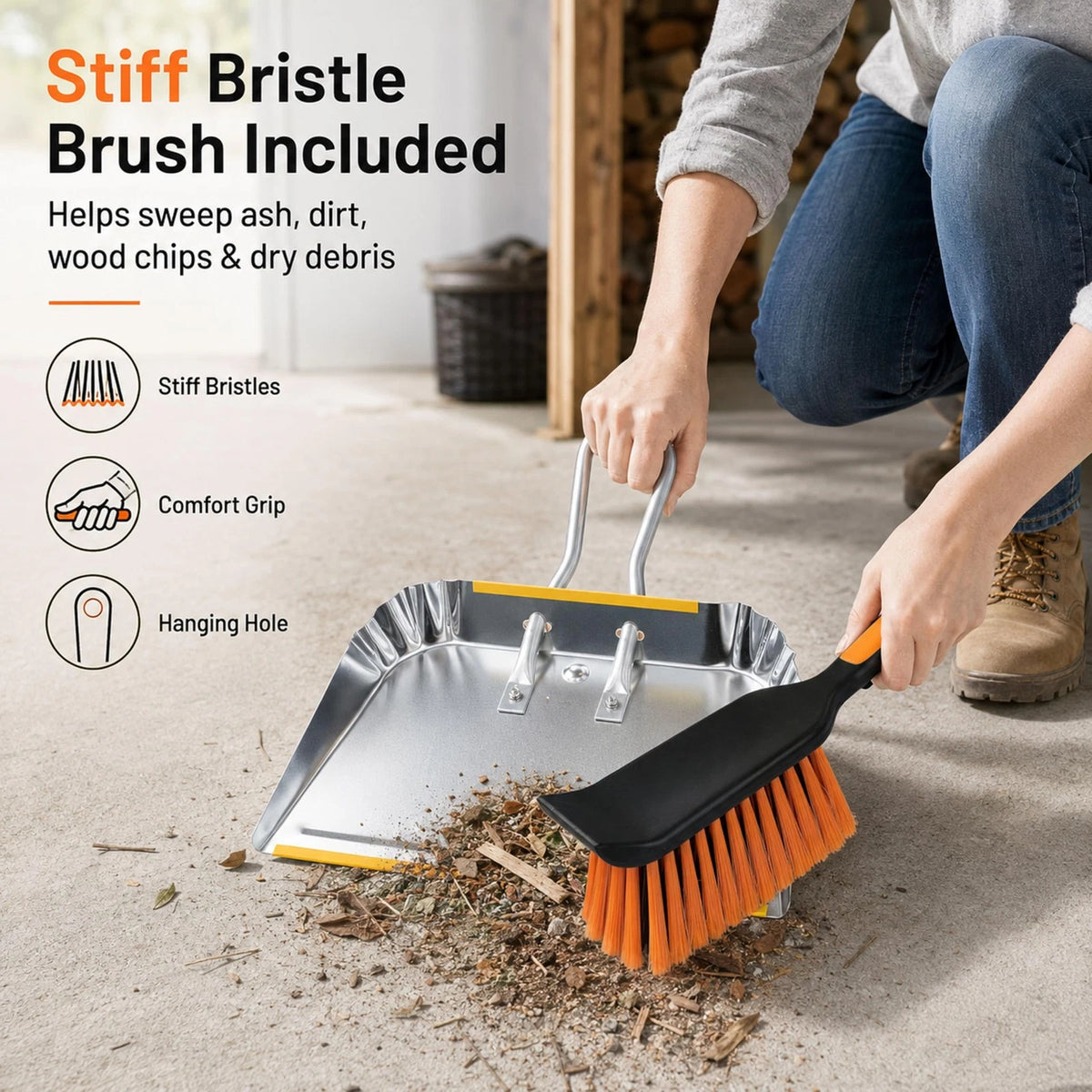 Set of 2 Heavy Duty Metal Dust Pan Brush for Garage Yard Cleanup