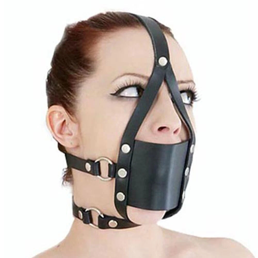 PU Leather BDSM Head Harness Face Mask with Open Mouth Gag Restraint
