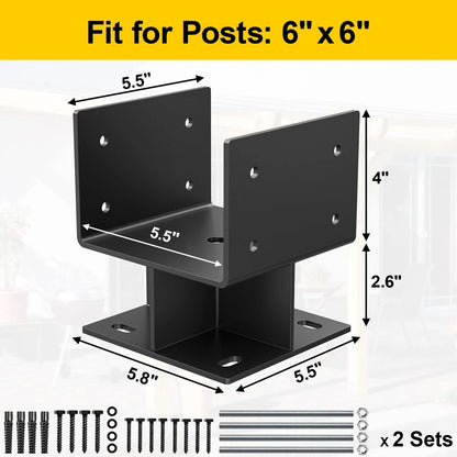 Set of 2 Adjustable 6"x6" Concrete Post Bases - Stainless Steel, Black