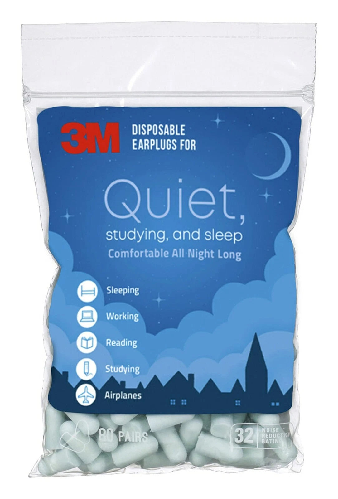 3M Disposable Earplugs for Quiet, Studying & Sleep (80 Pair Pack)