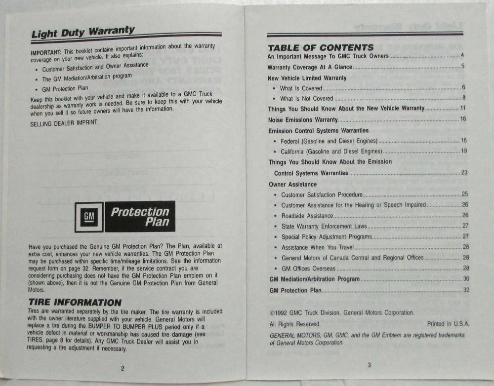 Warranty and Owner Assistance Information for GMC Truck and Chassis (1993)