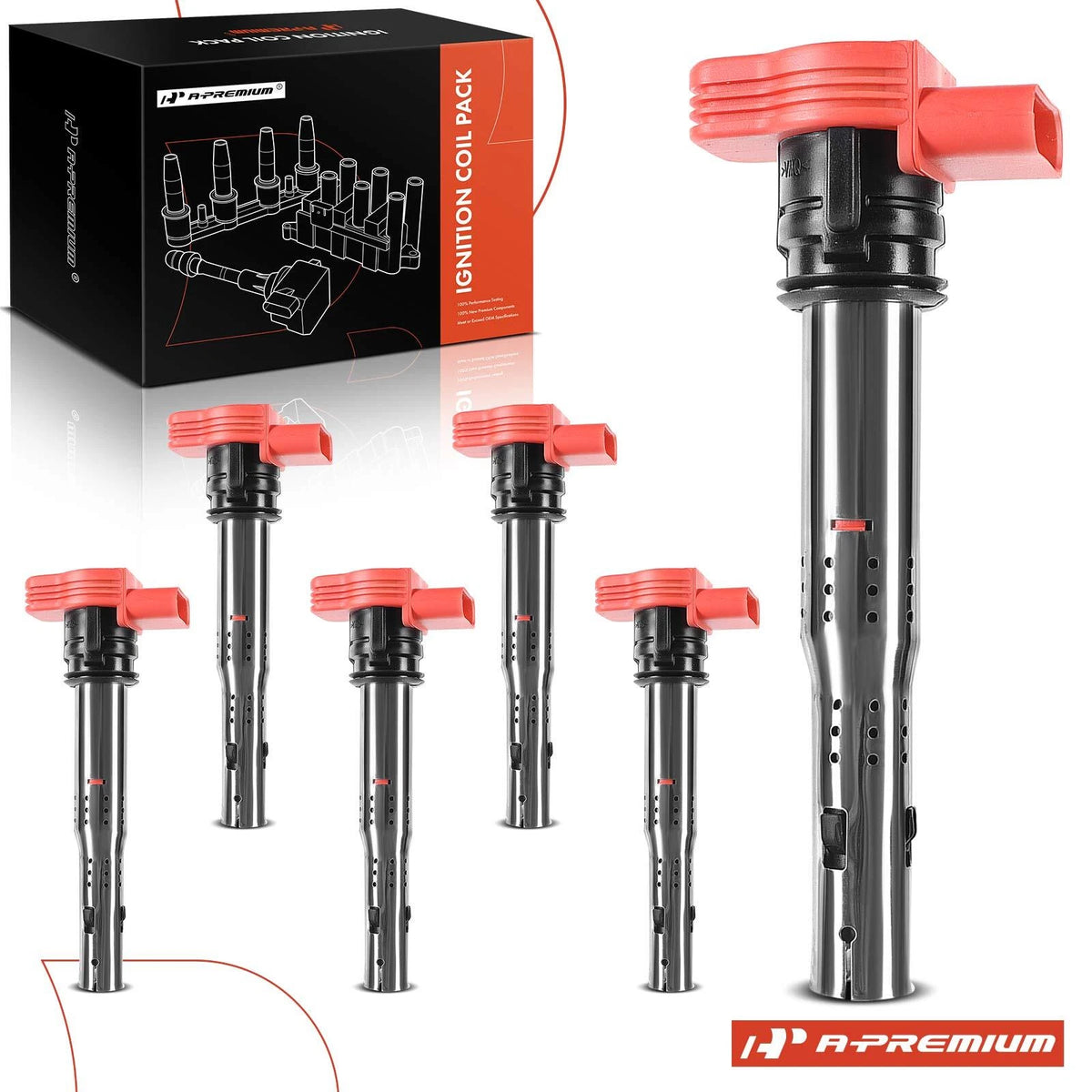 Set of 6 Red Ignition Coils for Audi A4 (2006–2008), Q5 (2010–2017), Q7, A5, A6, Porsche 95860210200, 06E905115F, 6E905115E, UF-529
