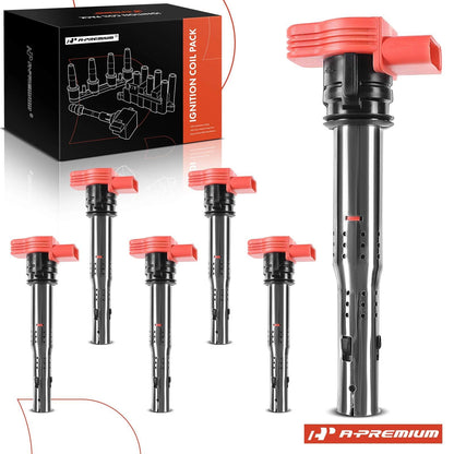 Set of 6 Red Ignition Coils for Audi A4 (2006–2008), Q5 (2010–2017), Q7, A5, A6, Porsche 95860210200, 06E905115F, 6E905115E, UF-529
