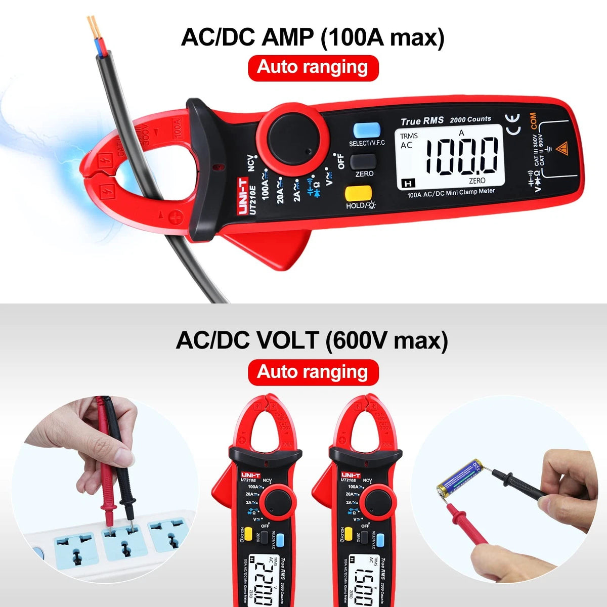 Mini Clamp Meter UT210e with Alligator Clips for Universal Use