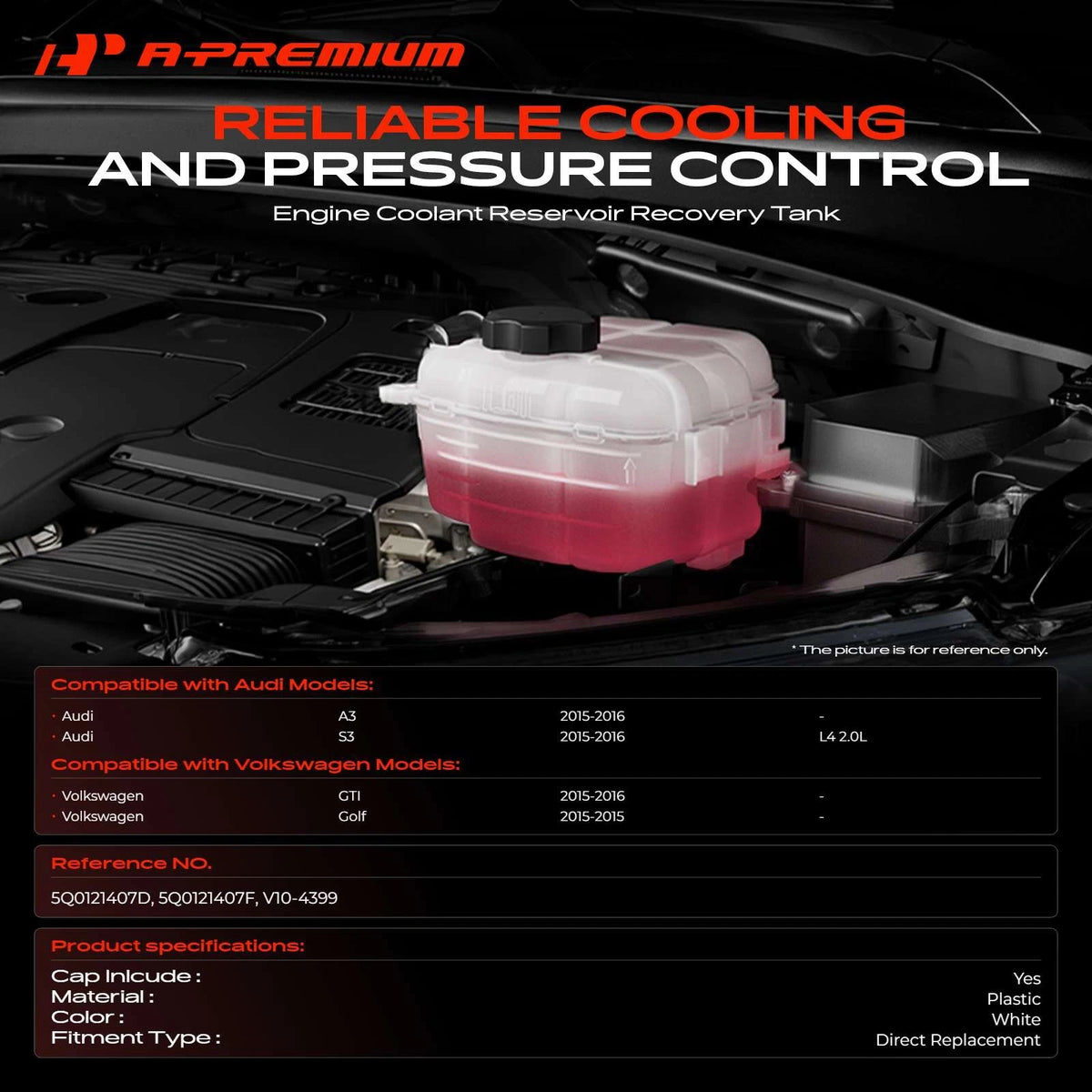 A-Premium Engine Coolant Expansion Tank w/ Cap for Audi A3, VW Golf GTI (2015–2016) - 5Q0121407D, 5Q0121407F, V10-4399