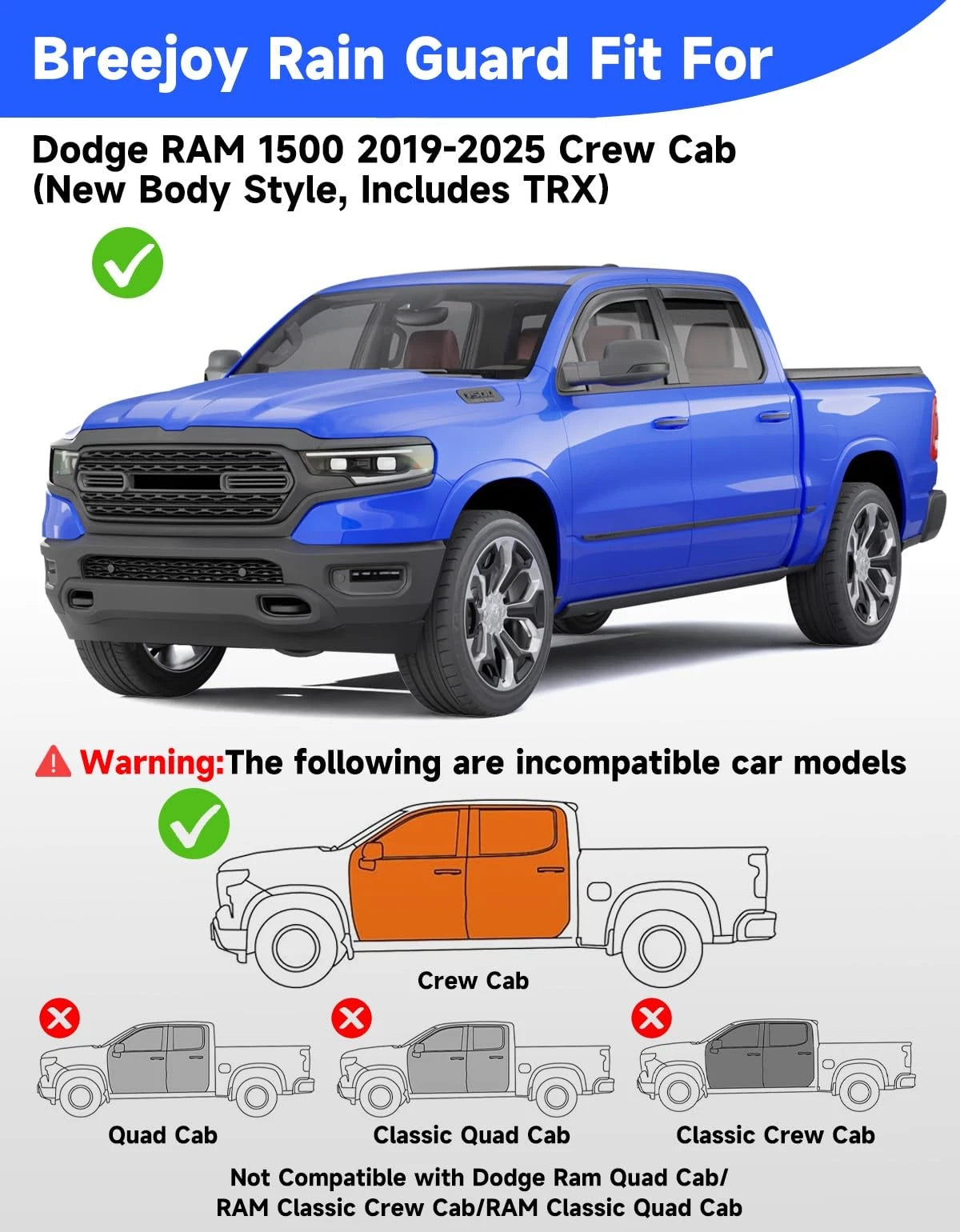 In-Channel Window Rain Guards for Dodge Ram 1500 Crew Cab (2019–2026)
