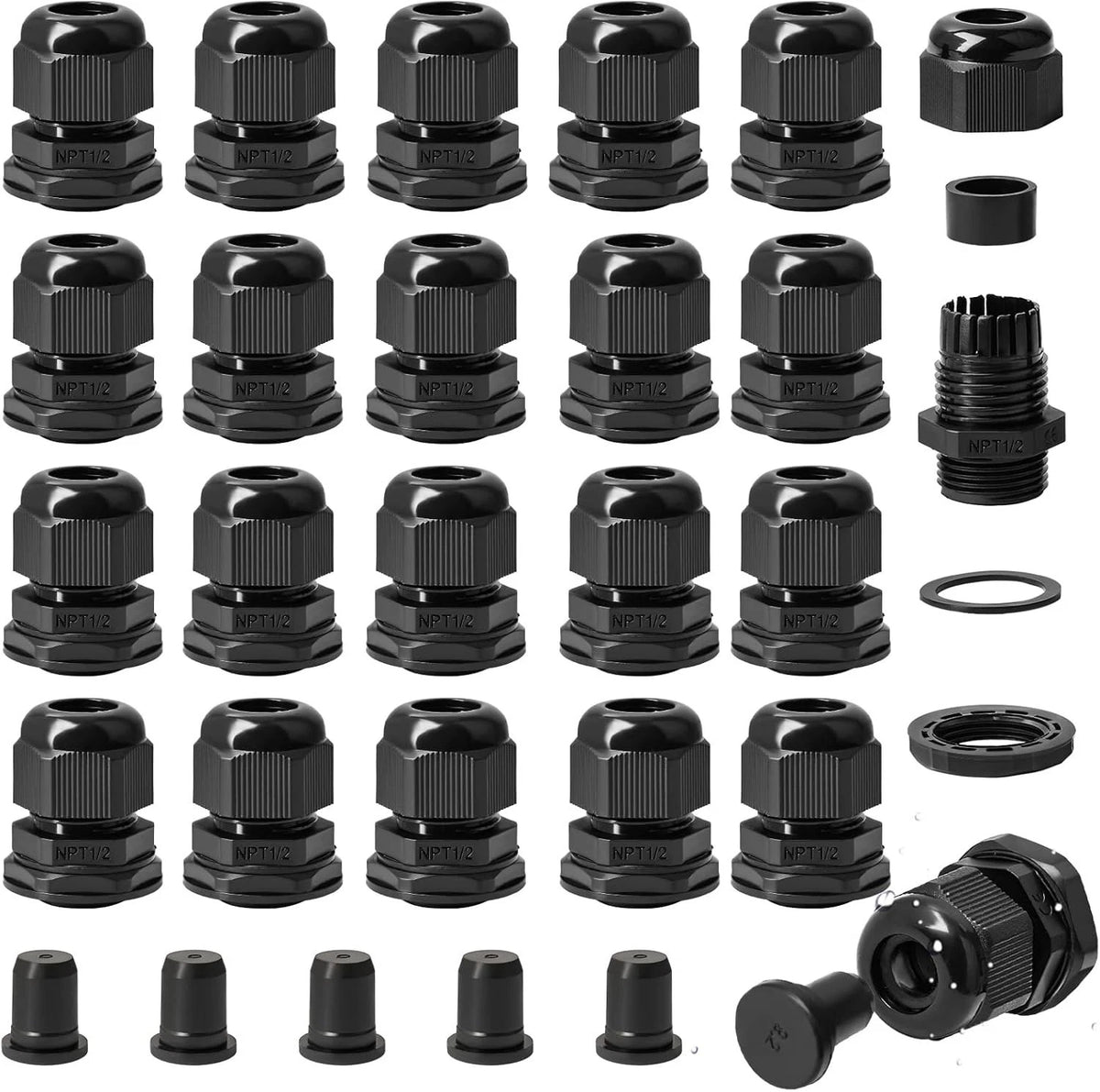 30PCS 1/2" NPT Cable Gland for Waterproof Adjustable Strain Relief Cord