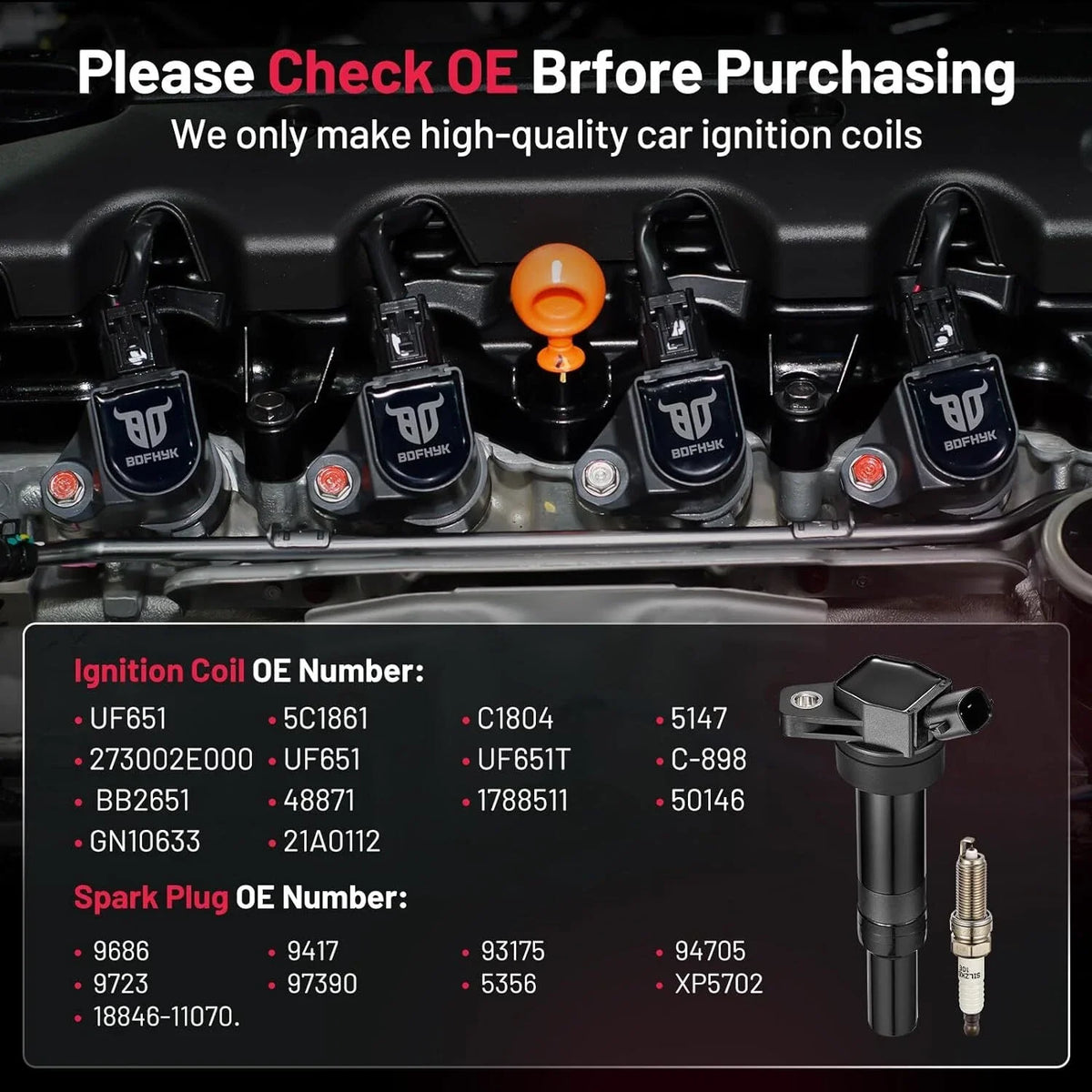 Set of 4 Ignition Coils UF651 & Iridium Spark Plugs for Kia Forte Soul (2010–2013)