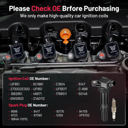 Set of 4 Ignition Coils UF651 & Iridium Spark Plugs for Kia Forte Soul (2010–2013)