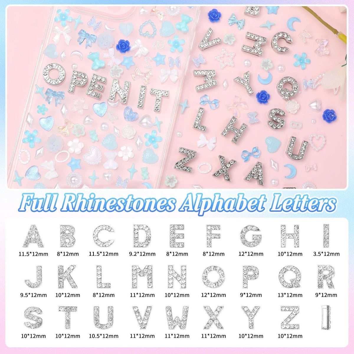 Set of 330 Blue Phone Case Charms with A-Z Rhinestones