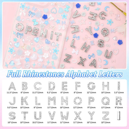 Set of 330 Blue Phone Case Charms with A-Z Rhinestones