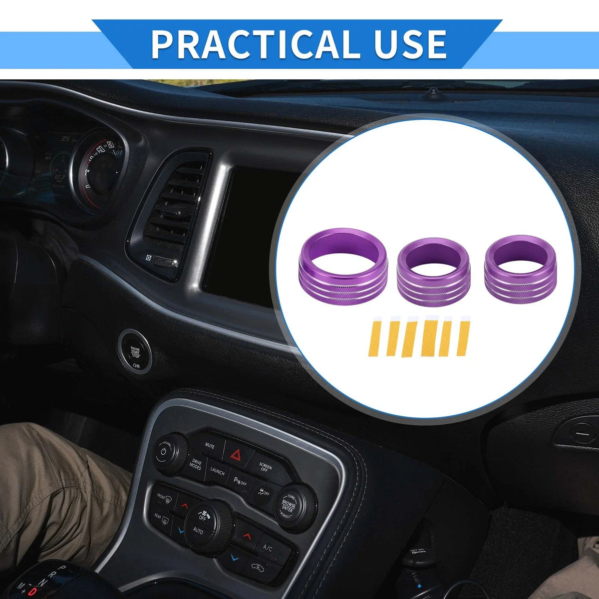 3X AC Media Tune Switch Knob Cover Ring for Dodge Challenger (2015–2019) Purple