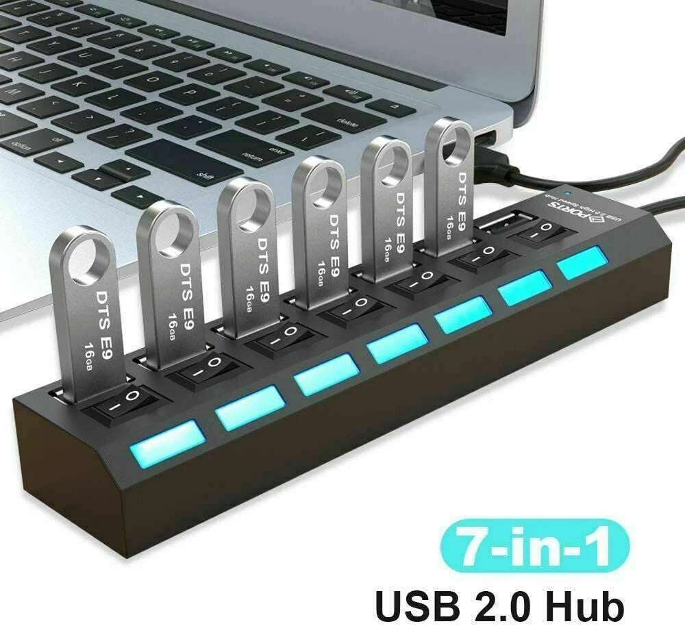 7 Port USB 2.0 Hub Splitter Adapter for PC Laptop Mac Desktop
