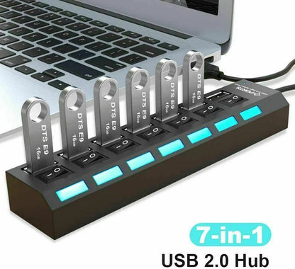 7 Port USB 2.0 Hub Splitter Adapter for PC Laptop Mac Desktop