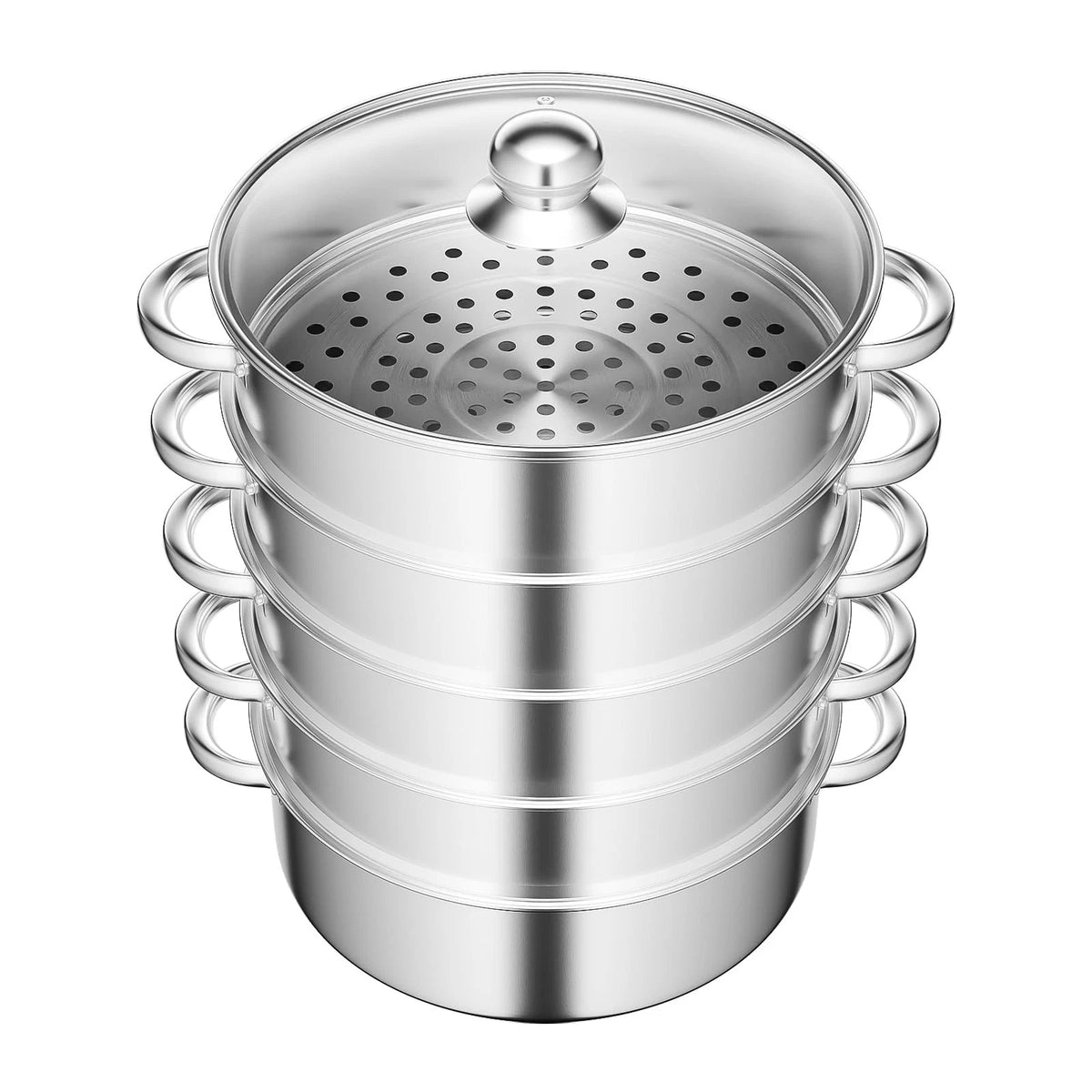 5 Tier Stainless Steel Steamer Set with Glass Lid for Cooking