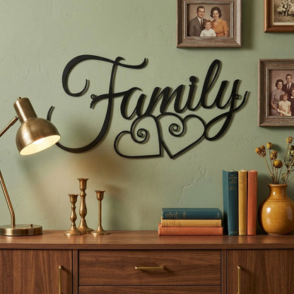 Metal Wall Art Decor for Family Sign (15.4"L x 10.6"W) - Rustic Black