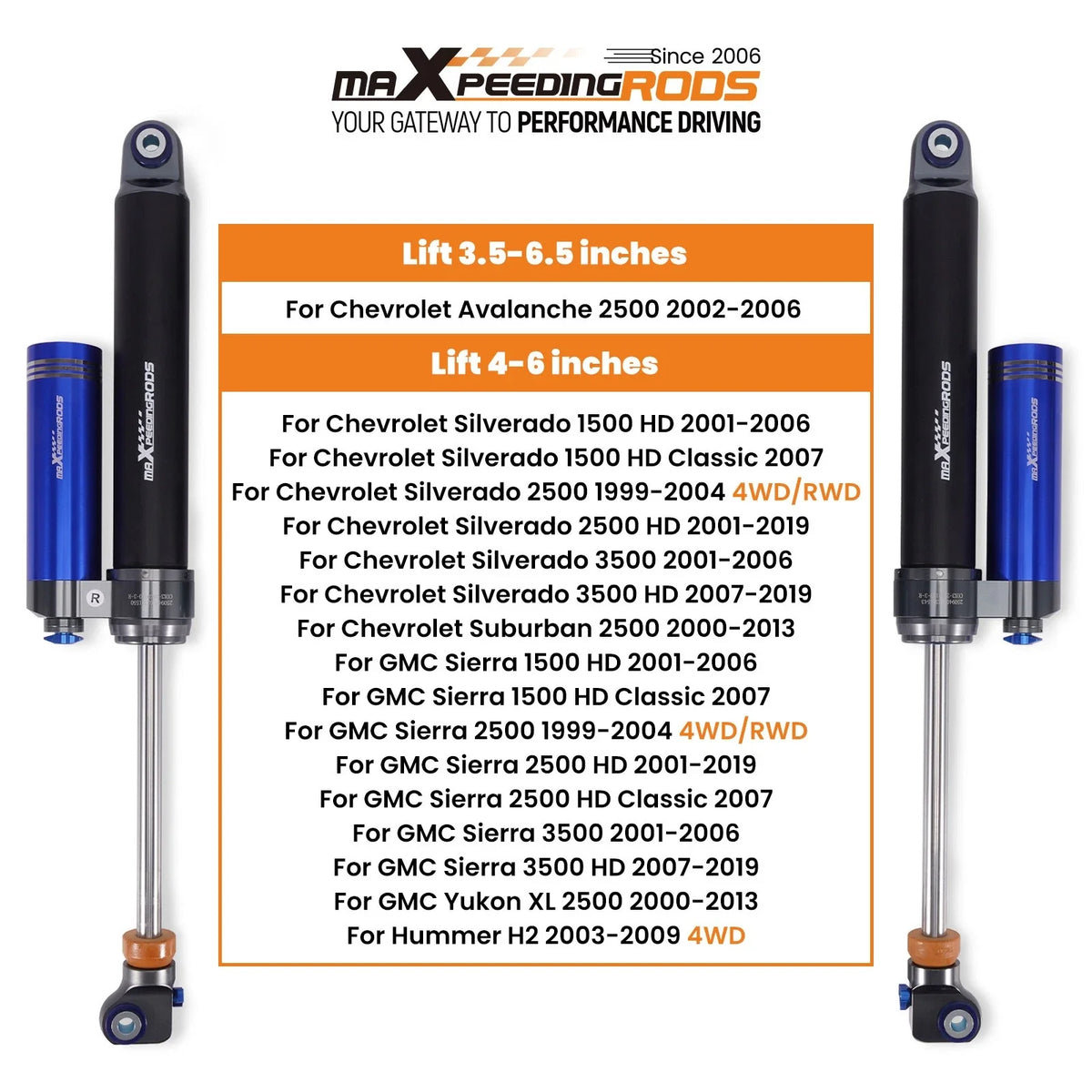 2X Rear Reservoir Shock 4-6" 10 Way Damper for Silverado Sierra 2500 3500 (1999–2019)