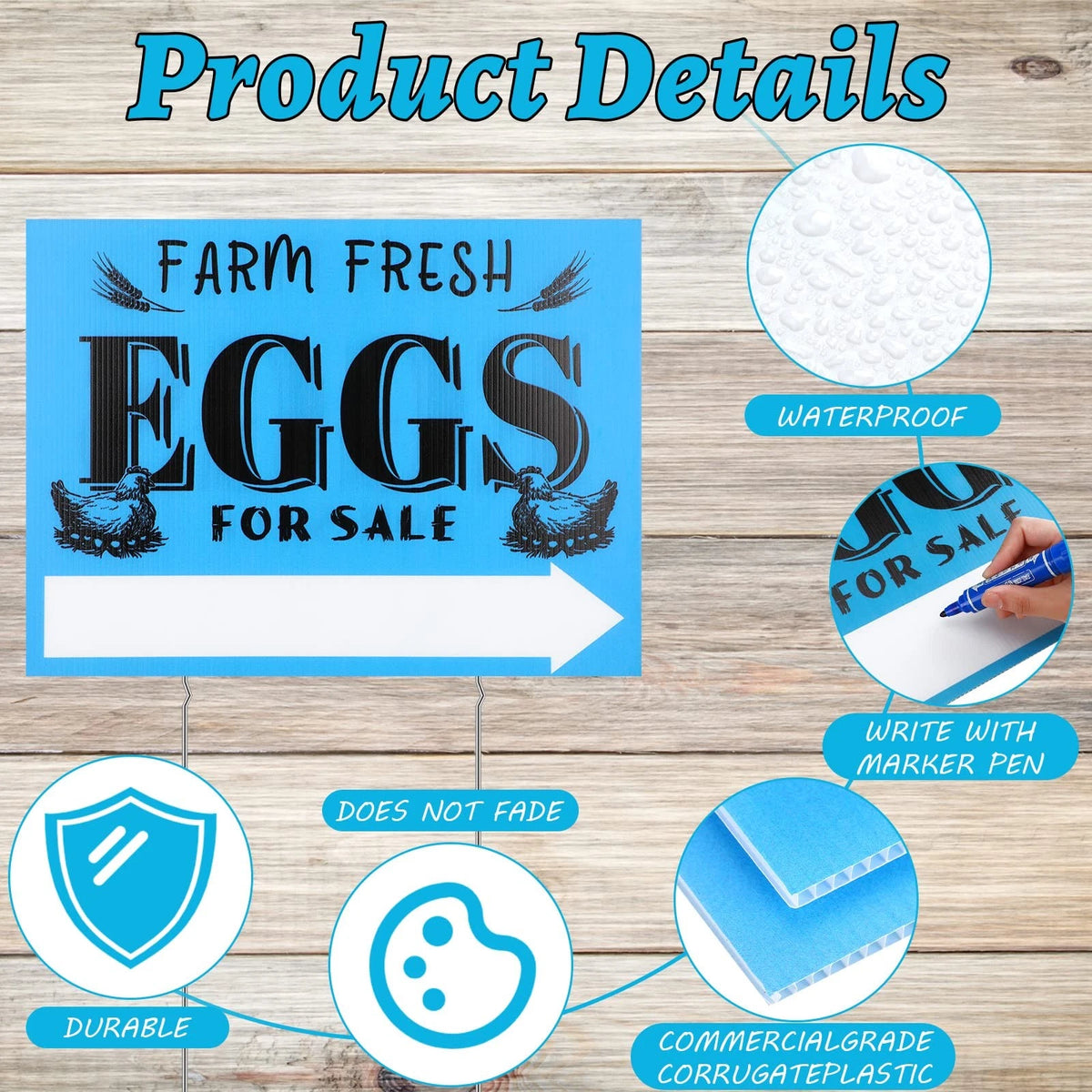 3 Pcs Farm Fresh Eggs Sign 15.75 x 11.8 Inches, Blue, Black