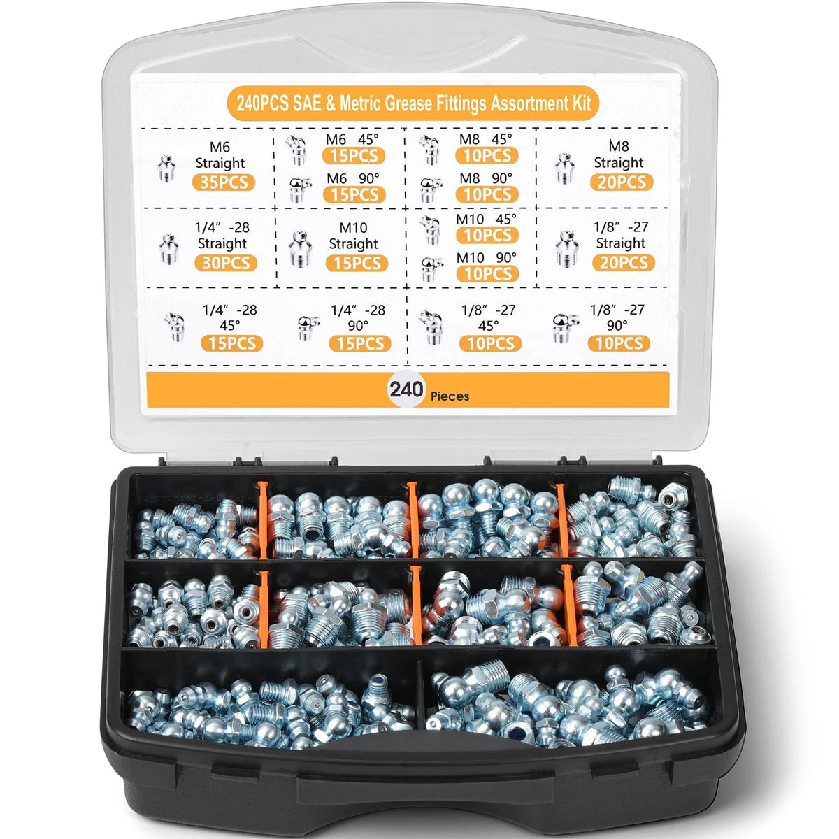 240-Piece Grease Fittings Set for Various Applications (1/4”, 1/8”, M6, M8, M10)