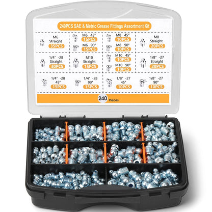 240-Piece Grease Fittings Set for Various Applications (1/4”, 1/8”, M6, M8, M10)