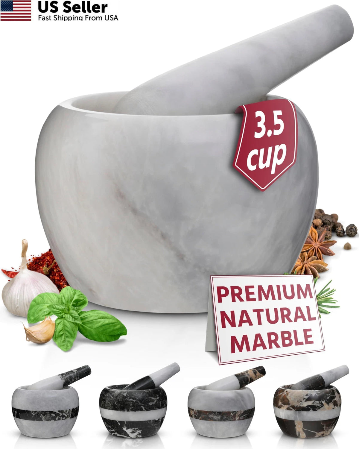 Set of 2 Natural Marble Mortar and Pestle for Kitchen Use (6 Inch)