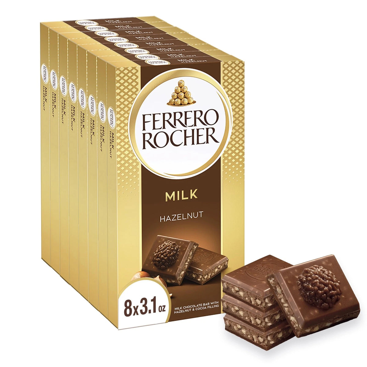 8 Pack Ferrero Rocher Milk Chocolate Hazelnut Bar with Cocoa Filling
