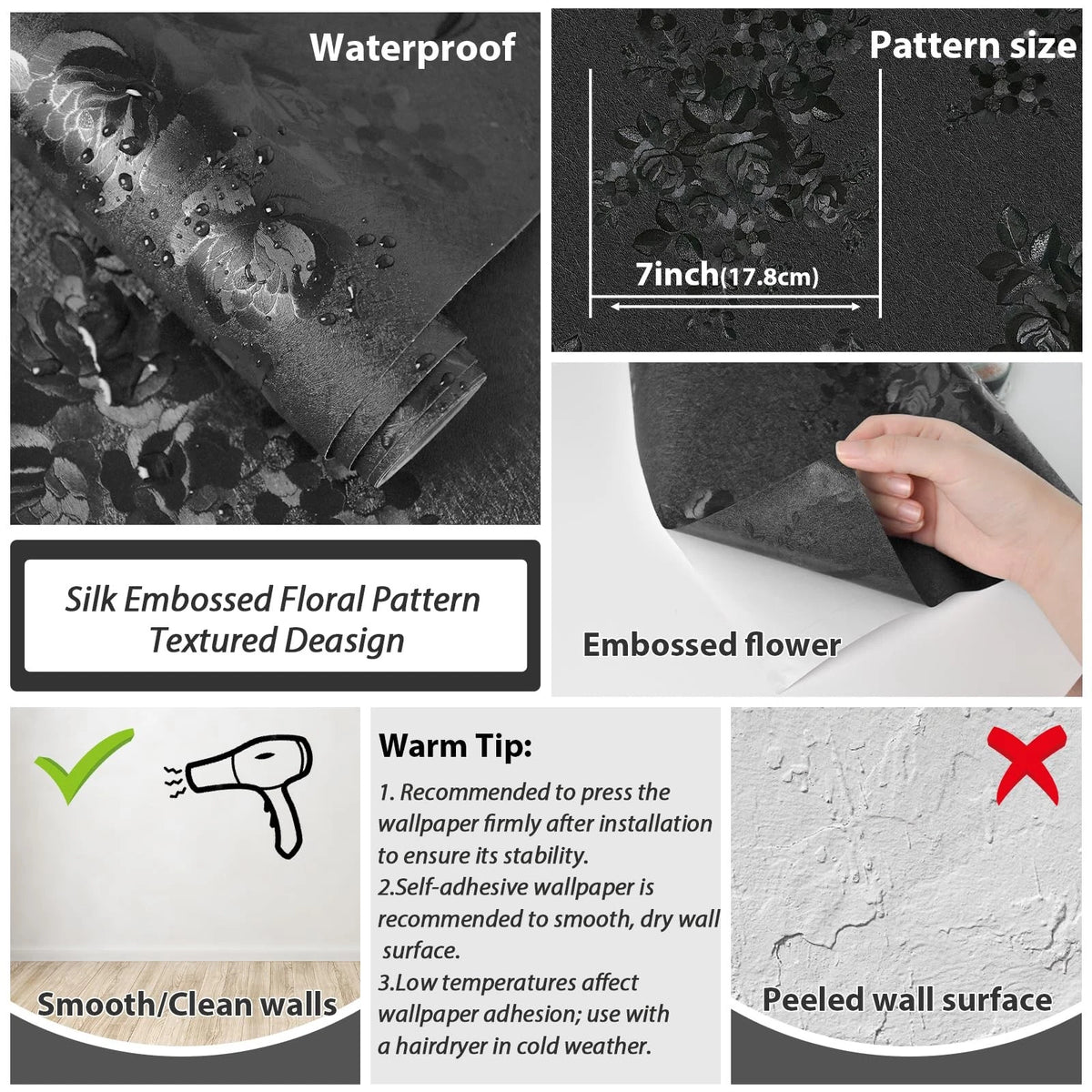 Peel and Stick Wallpaper for Home Decor (17.7" x 118", Black Floral)