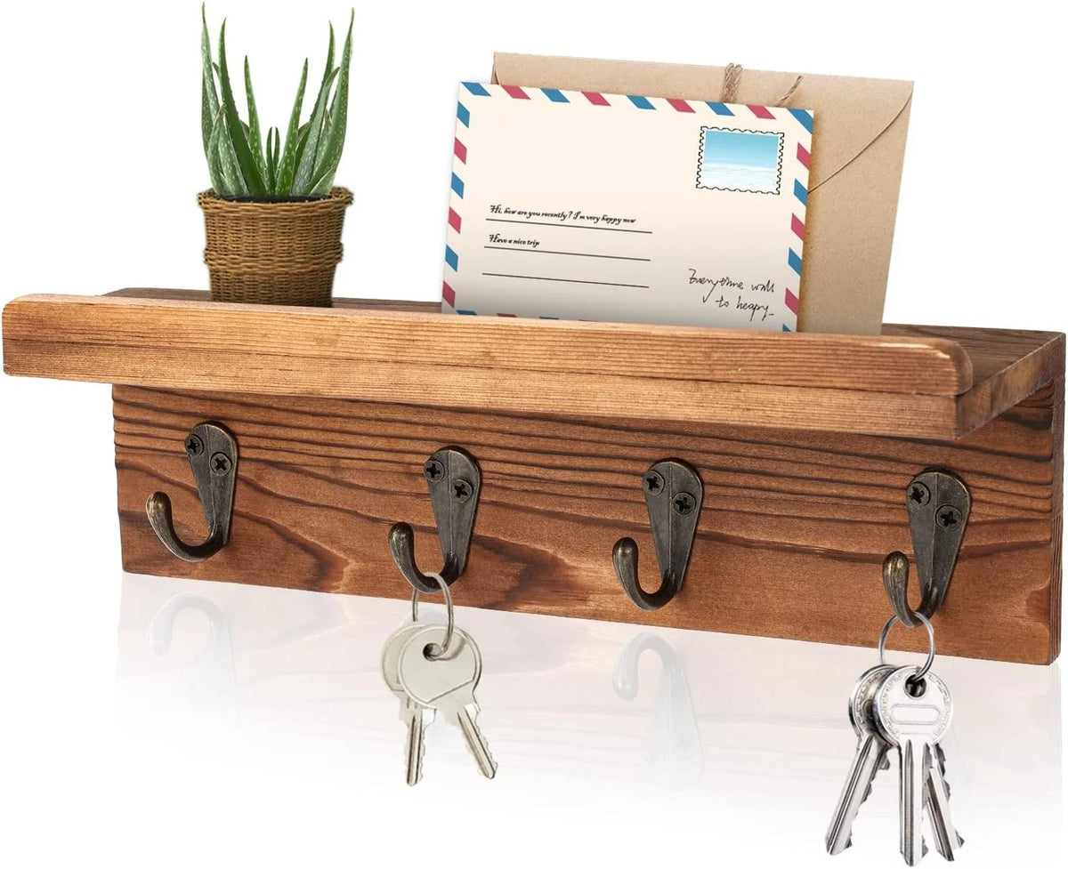 Rustic Farmhouse Key Holder Wall Shelf with 4 Hooks for Home Decor