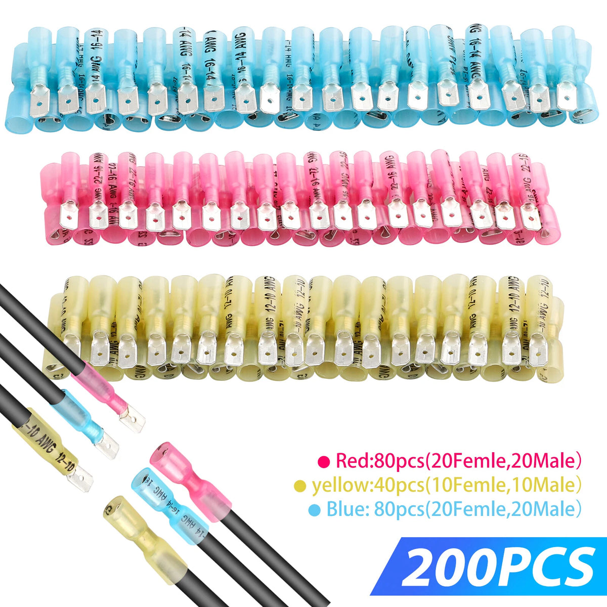 Set of 200 Electrical Heat Shrink Male & Female Spade Wire Connectors