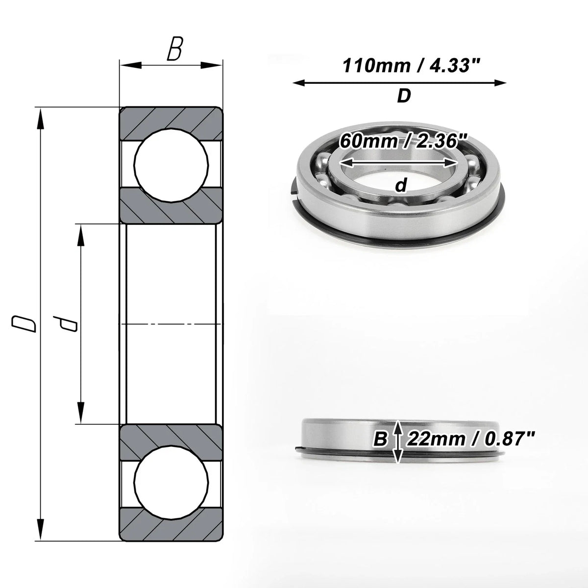 Deep Groove Ball Bearing 6212NR for Scooter Skateboard Wheel (P0 60x110x22mm)