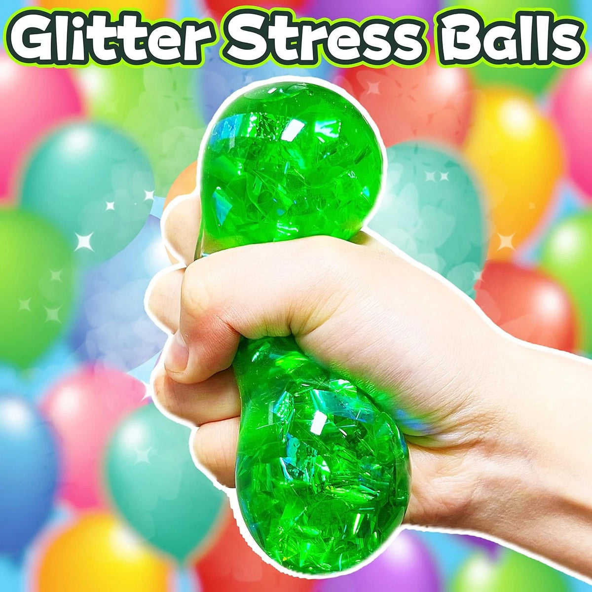 Set of 2 Glitter Stress Balls for Boys, Girls, Adults - Stretchable