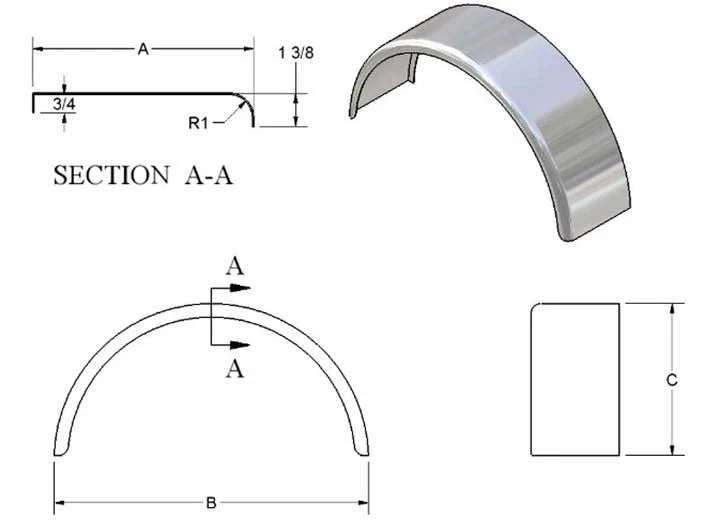 Single Fender for Kampco A6427-E (9" x 28" x 13" x 0.090" Aluminum)