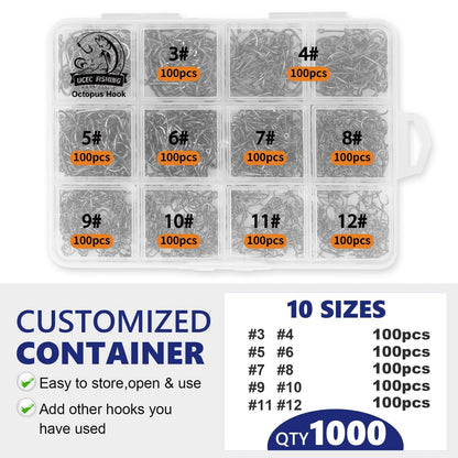 Set of 1000 UCEC Octopus Hooks for Saltwater Freshwater Fishing