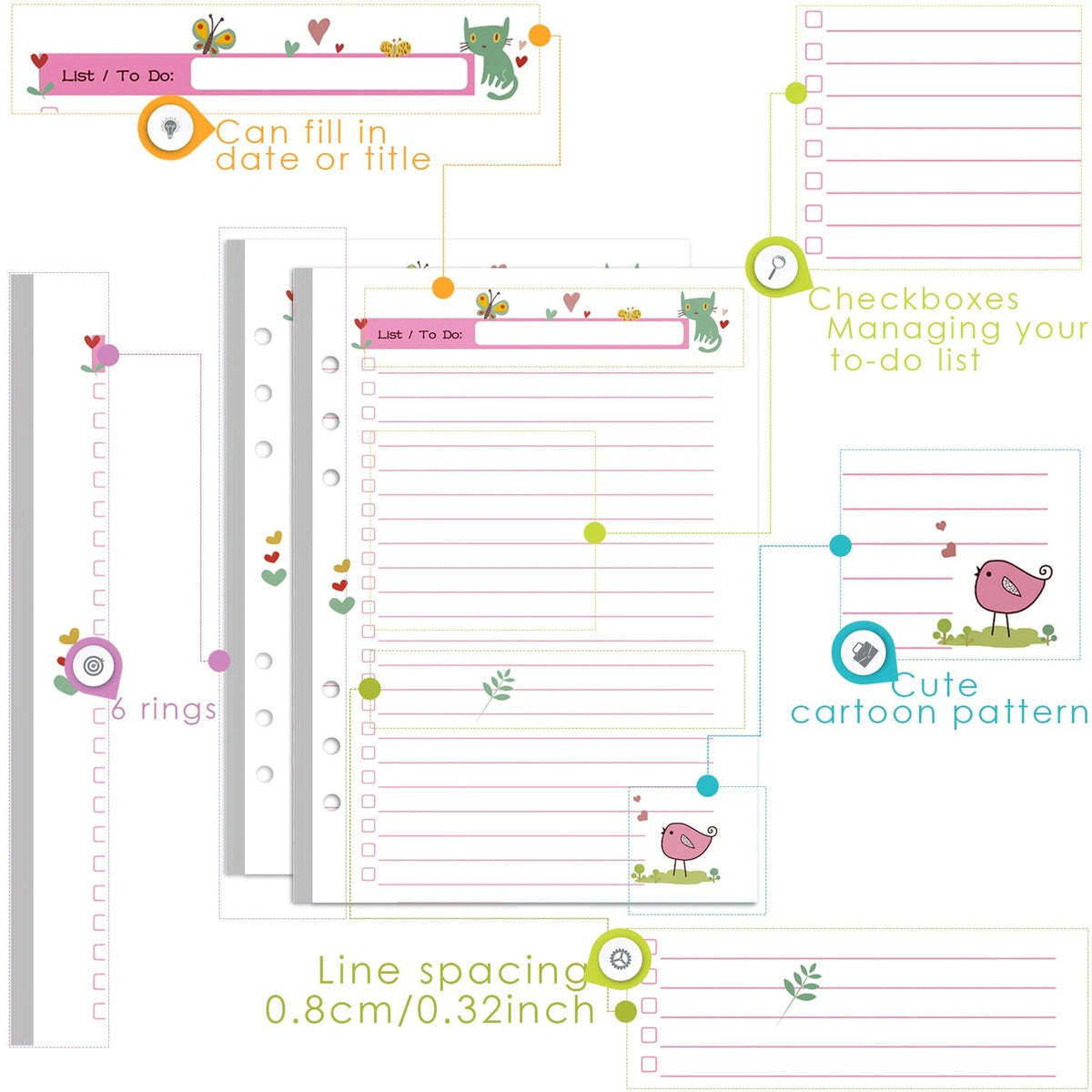 Set of 90 Colorful A5 Planner Inserts for To-Do Lists (6-Ring)
