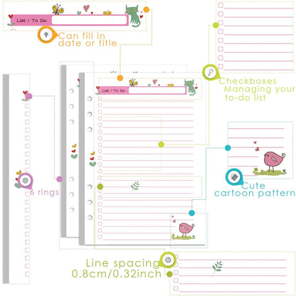 Set of 90 Colorful A5 Planner Inserts for To-Do Lists (6-Ring)