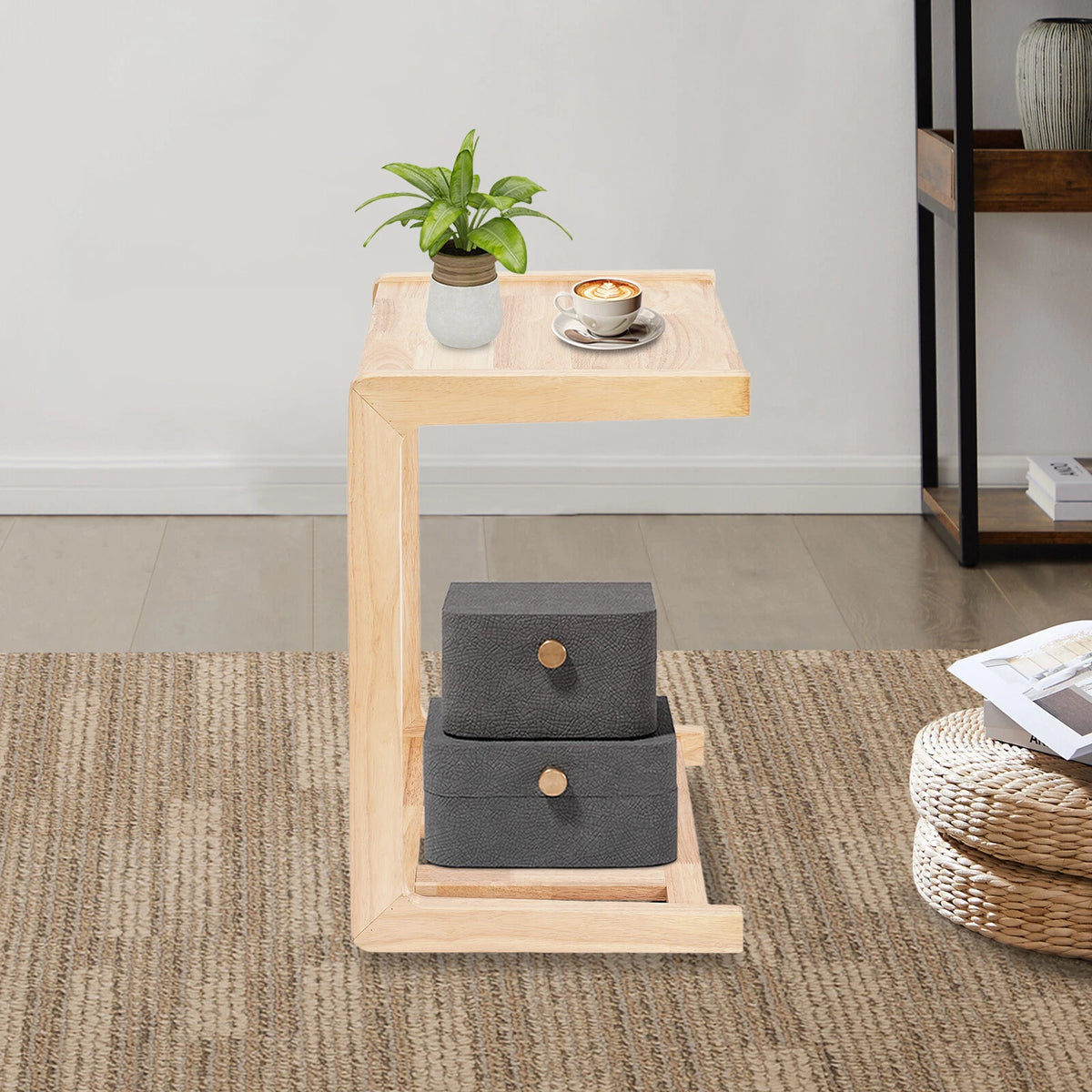 C-shaped End Table with 4 Universal Wheels for Home Use
