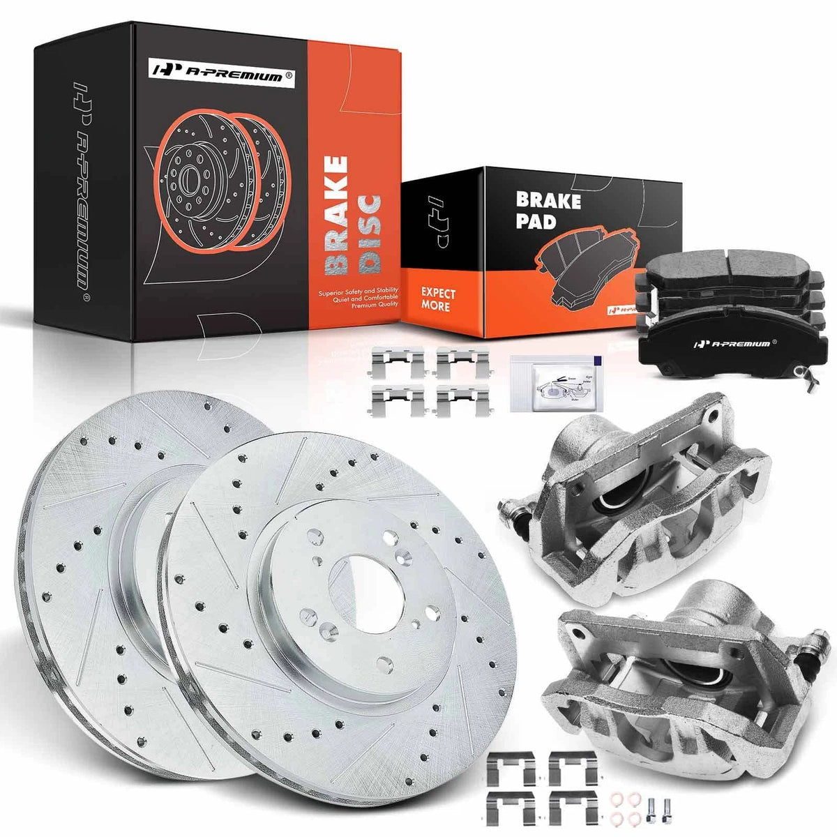 Set of 8 Front Drilled Brake Rotors, Pads & Calipers for Honda Accord