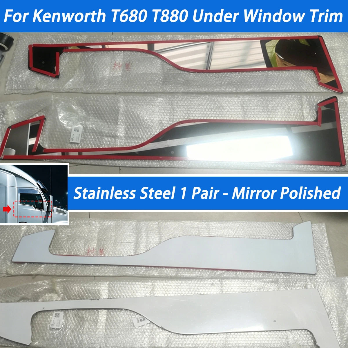 Stainless Steel Under Window Trim Pair for Kenworth T680 T880