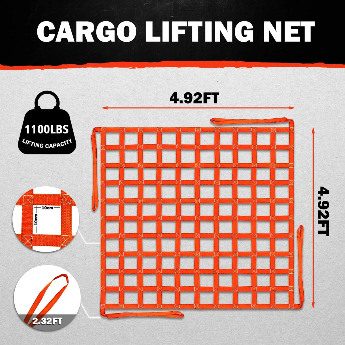 Cargo Lifting Net 1100LBS for Universal Use (4.92'x4.92') Safety Orange