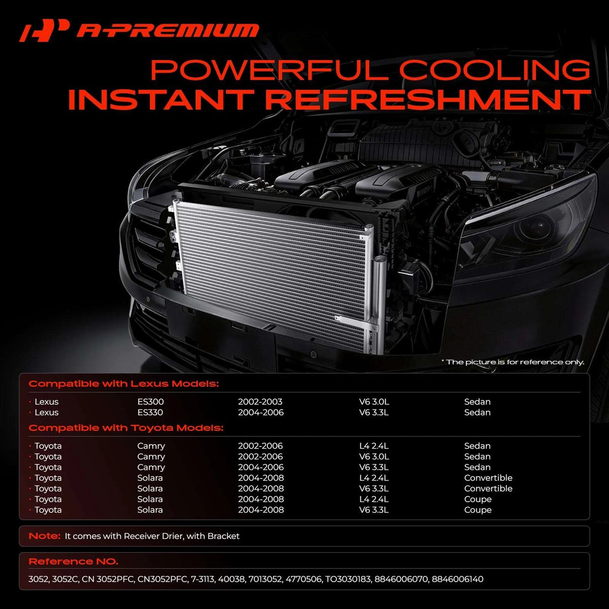 A/C Condenser w/ Receiver Drier for Toyota Solara Camry Lexus ES300 (2000–2006) 8846006070, 8846006140, 3052